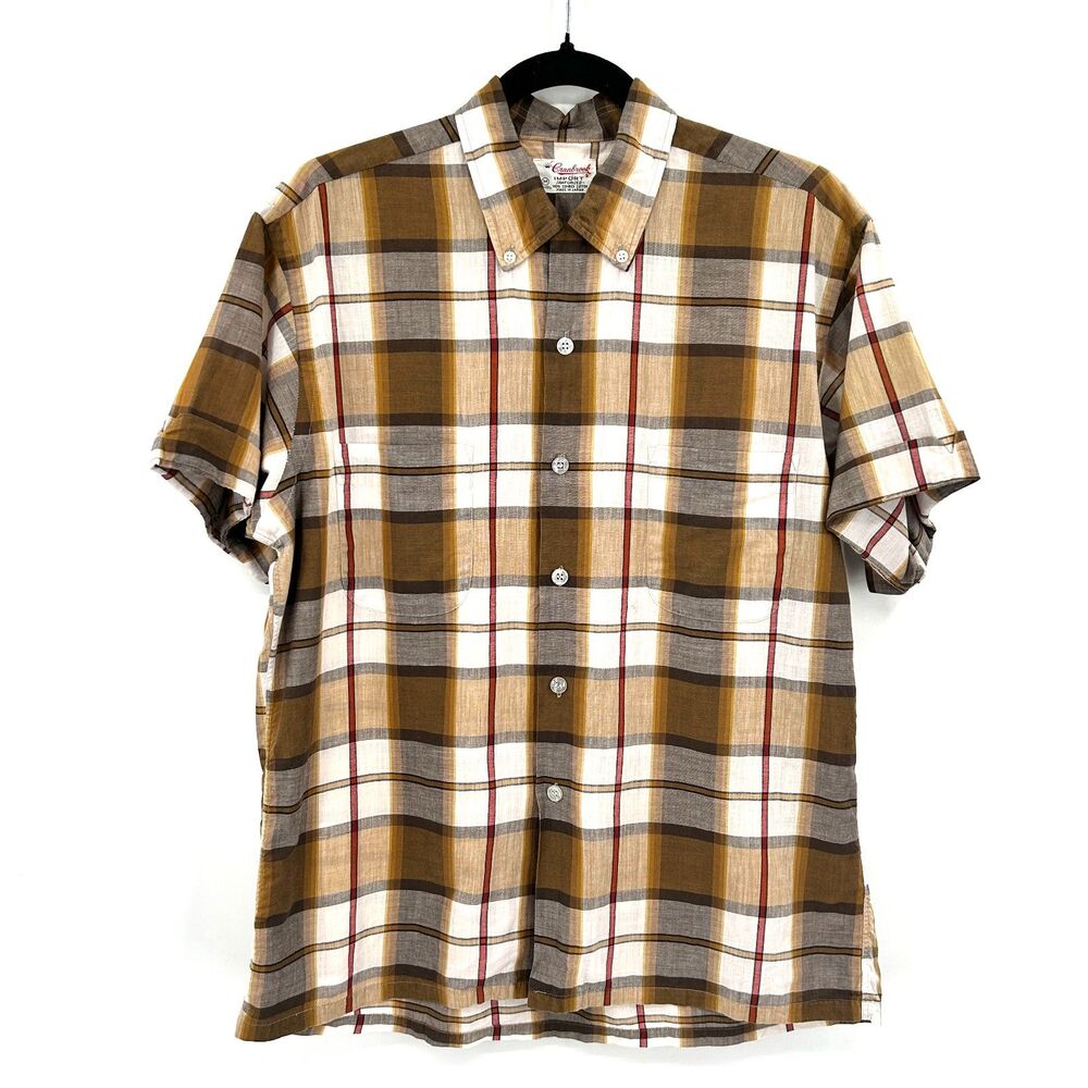 CRANBROOK Vintage Men's Brown White Plaid Short Sleeve Button Up Shirt Medium